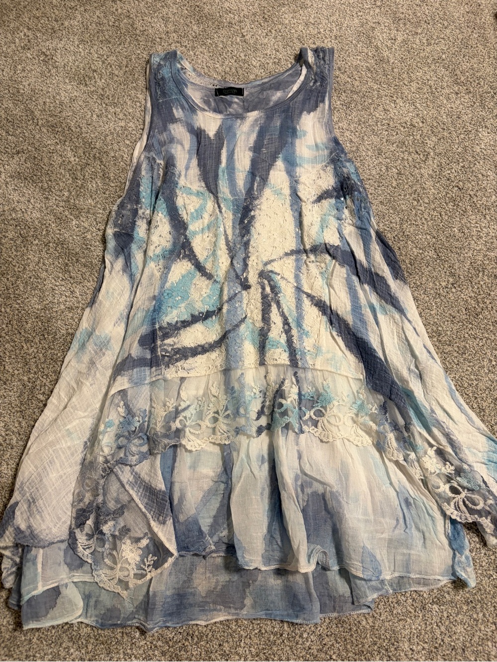 Cherish Light Blue and White Tie-Dye Tank with Lace Trim